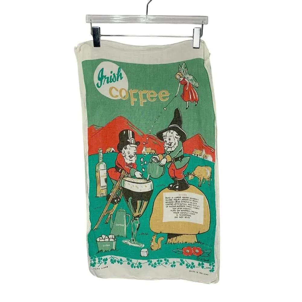 Vintage Irish Linen Tea Towel Irish Coffee Leprechauns Fairy Made in Ireland